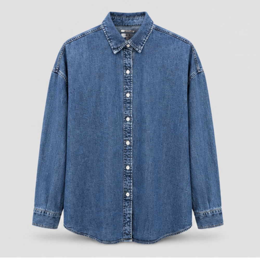 Oversized Denim Shirt | Relaxed Fit Long Sleeve Button-Down Shirt | Casual Washed Blue Denim Top