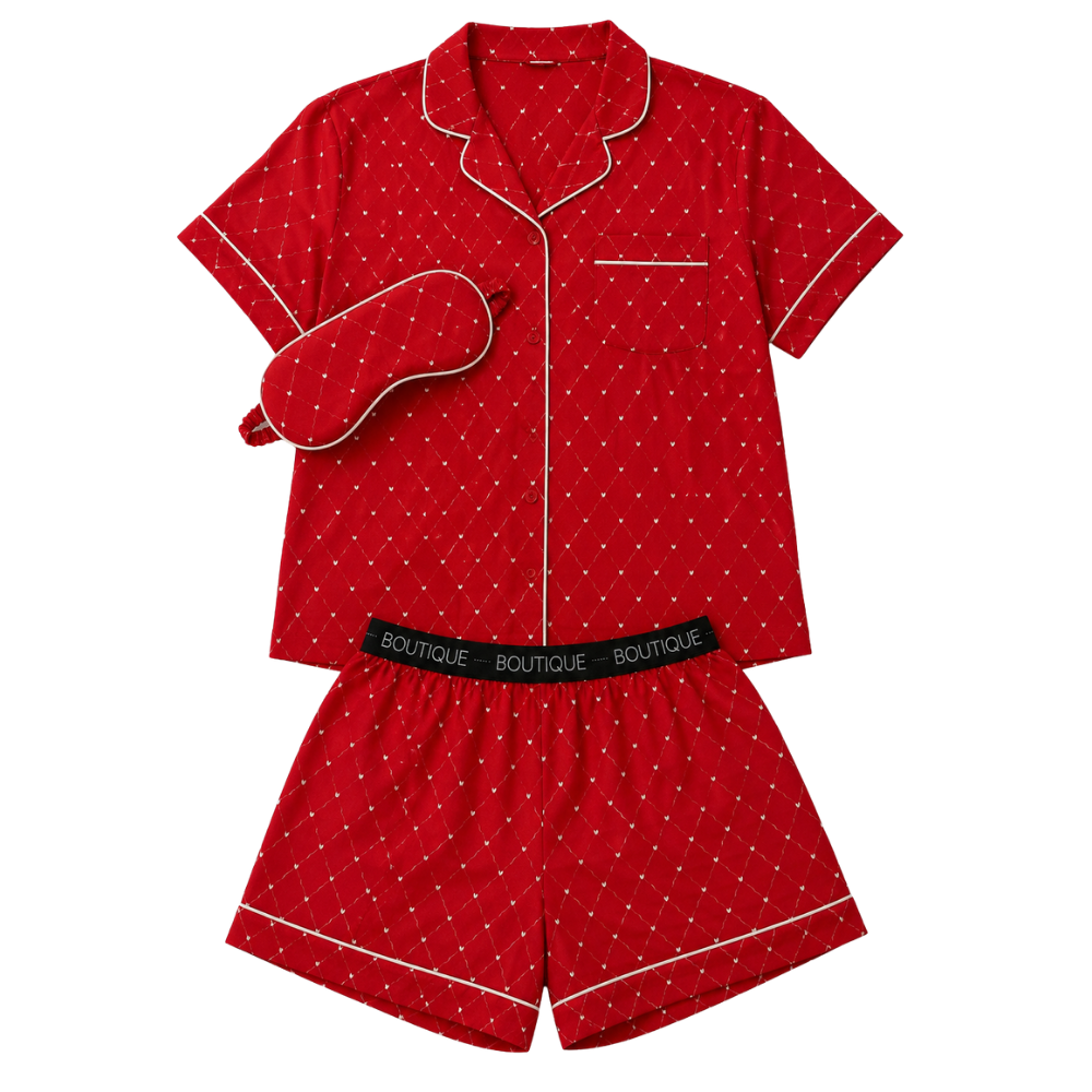 Women's 3-Piece Satin Night Suit Set with Matching Sleep Mask | Short Sleeve Button-Down Pajama Set & Shorts | Soft Sleepwear | Red