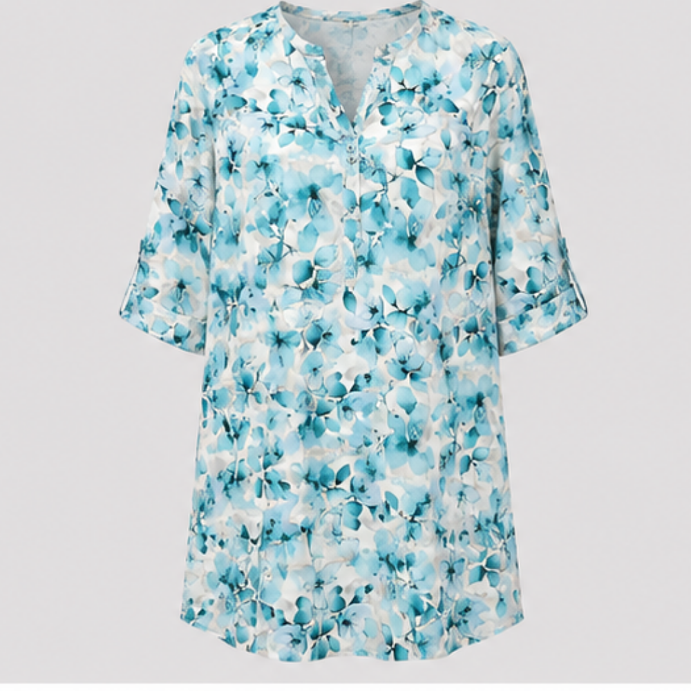 Women's Floral Printed Cotton Blend Knee-Length Kurti | Casual Straight Fit 3/4 Sleeve Kurta | White & Aqua Blue