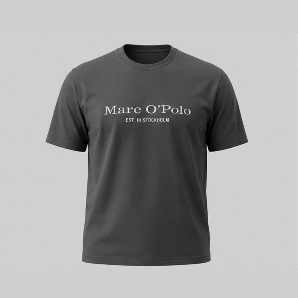 Marc O'Polo Men's Premium Cotton Round Neck Printed T-Shirt | Casual Half Sleeve Regular Fit Graphic Tee | Dark Grey