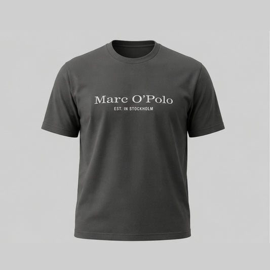 Marc O'Polo Men's Premium Cotton Round Neck Printed T-Shirt | Casual Half Sleeve Regular Fit Graphic Tee | Dark Grey