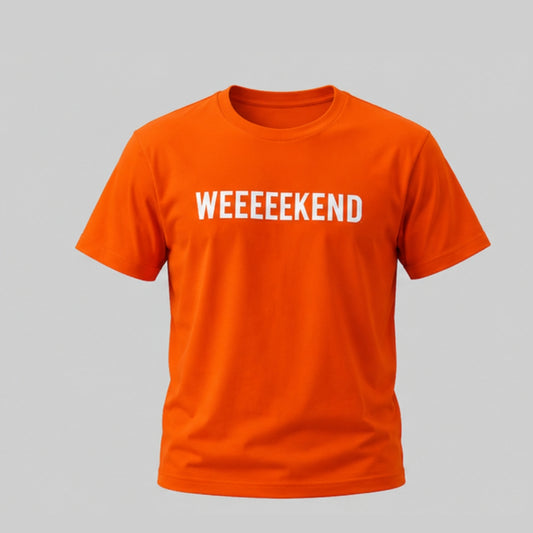 Men's Orange Printed Cotton T-Shirt | Round Neck Half Sleeve Regular Fit Casual Graphic Tee | "WEEEEEKEND" Print
