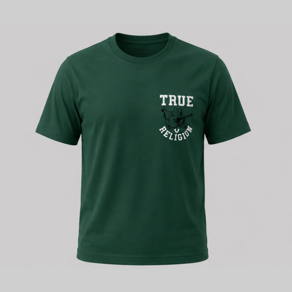 True Religion Men's Green Cotton Printed T-Shirt | Round Neck Half Sleeve Regular Fit Casual Graphic Tee