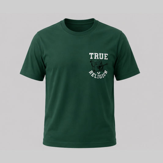 True Religion Men's Green Cotton Printed T-Shirt | Round Neck Half Sleeve Regular Fit Casual Graphic Tee