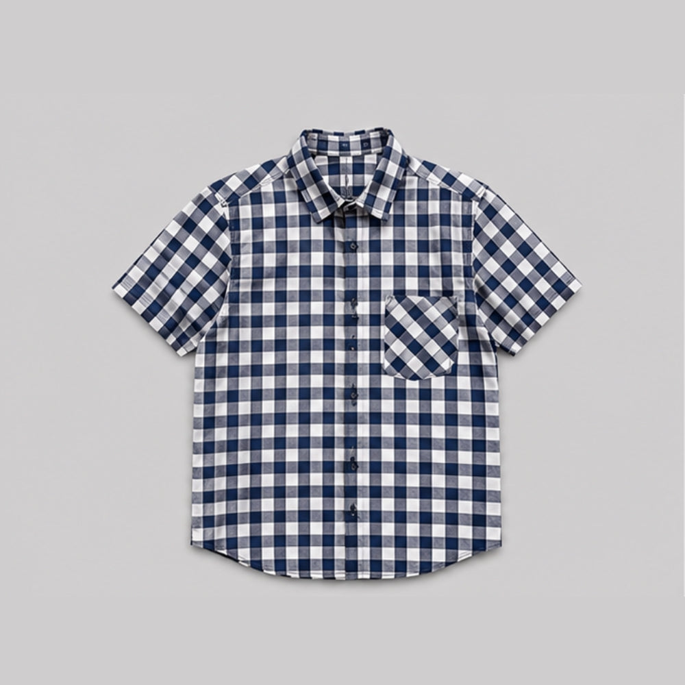 Men's Blue & White Checked Cotton Blend Half Sleeve Casual Shirt | Regular Fit Button-Down Collared Shirt with Chest Pocket | Stylish Summer Wear for Men