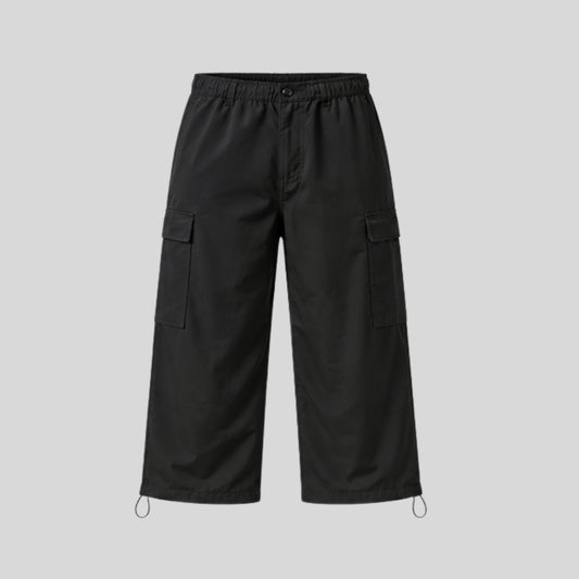 Men's Black Cargo Pants | Regular Fit Cotton Blend Wide Leg Utility Trousers with Multi Pockets & Elastic Drawstring Waist