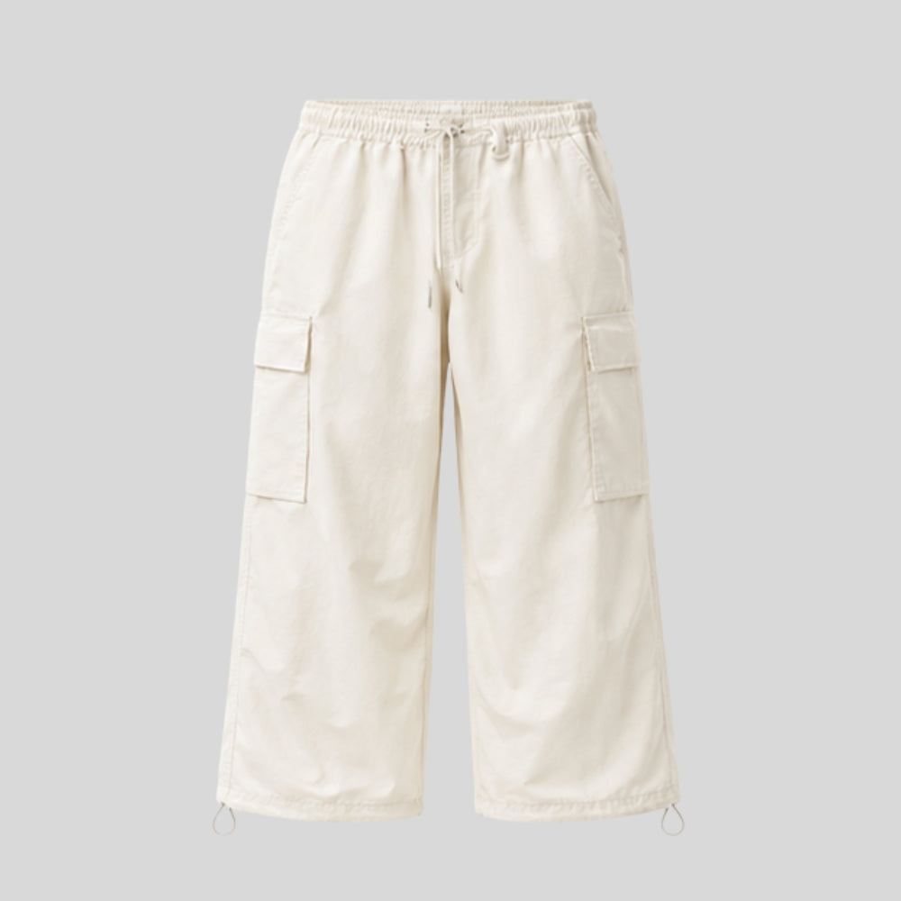 Men's Off White Cargo Pants | Regular Fit Cotton Blend Wide Leg Utility Trousers with Multi Pockets & Elastic Drawstring Waist