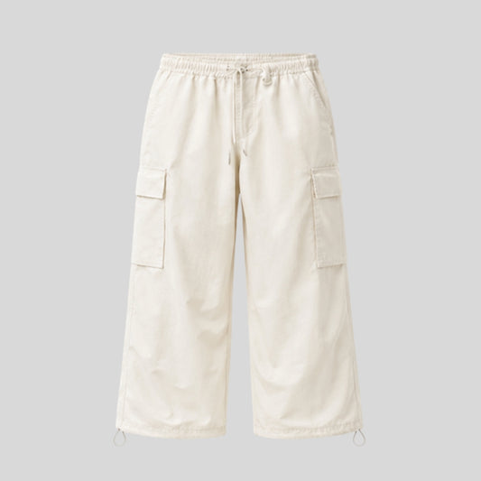 Men's Off White Cargo Pants | Regular Fit Cotton Blend Wide Leg Utility Trousers with Multi Pockets & Elastic Drawstring Waist