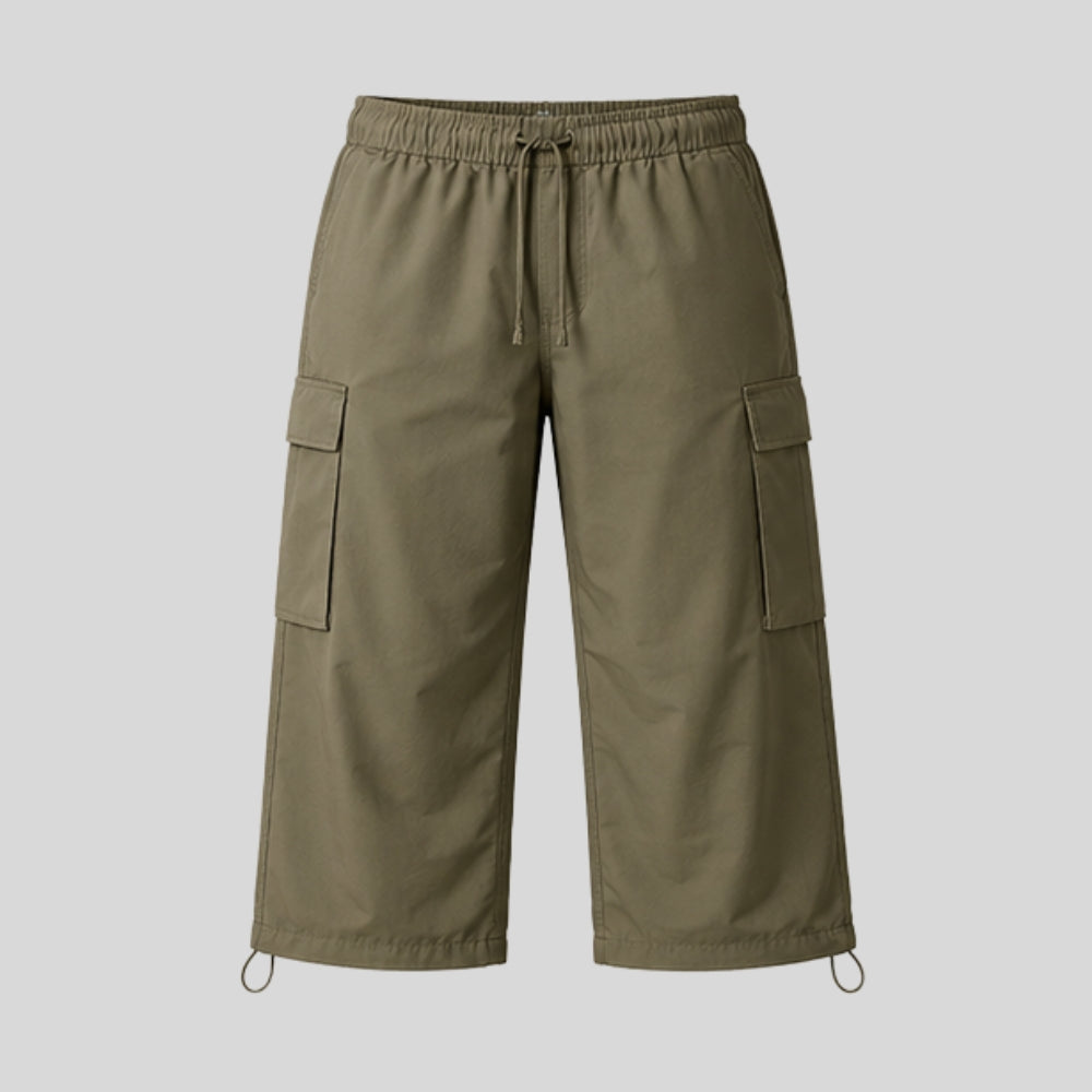 Men's Olive Green Cargo Pants | Regular Fit Cotton Blend Wide Leg Utility Trousers with Multi Pockets & Drawstring Waist