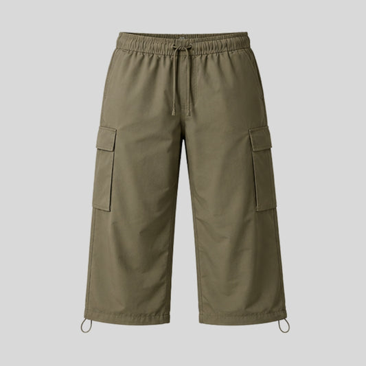 Men's Olive Green Cargo Pants | Regular Fit Cotton Blend Wide Leg Utility Trousers with Multi Pockets & Drawstring Waist