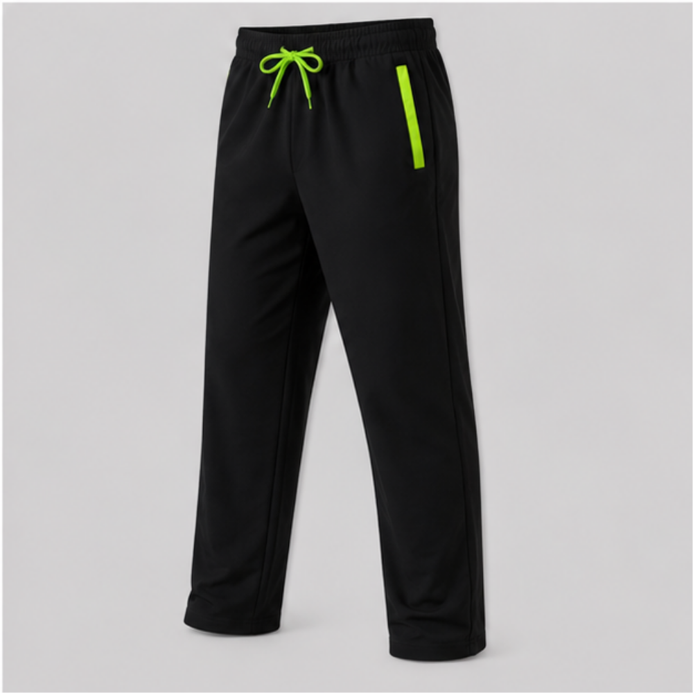 Men's Black Sports Track Pants with Neon Green Accent | Quick Dry Regular Fit Gym Joggers | Activewear Training Pants