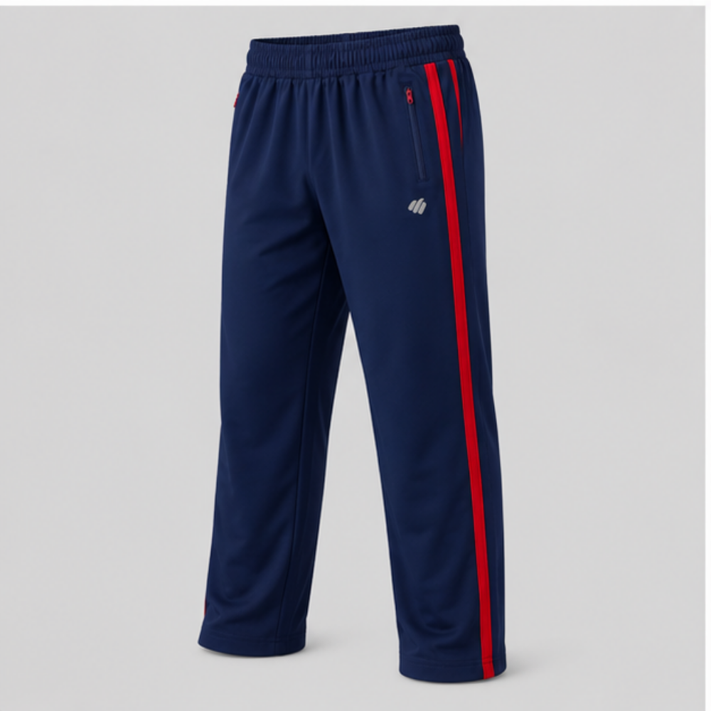 Men's Navy Blue Sports Track Pants with Red Side Stripes | Quick Dry Regular Fit Gym Joggers | Activewear Training Pants