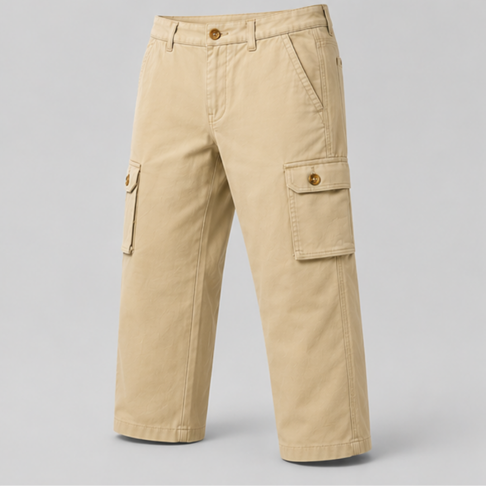 Men's Premium Beige Cargo Pants | Cotton Twill Regular Fit Multi-Pocket Utility Trousers | Casual Outdoor Wear