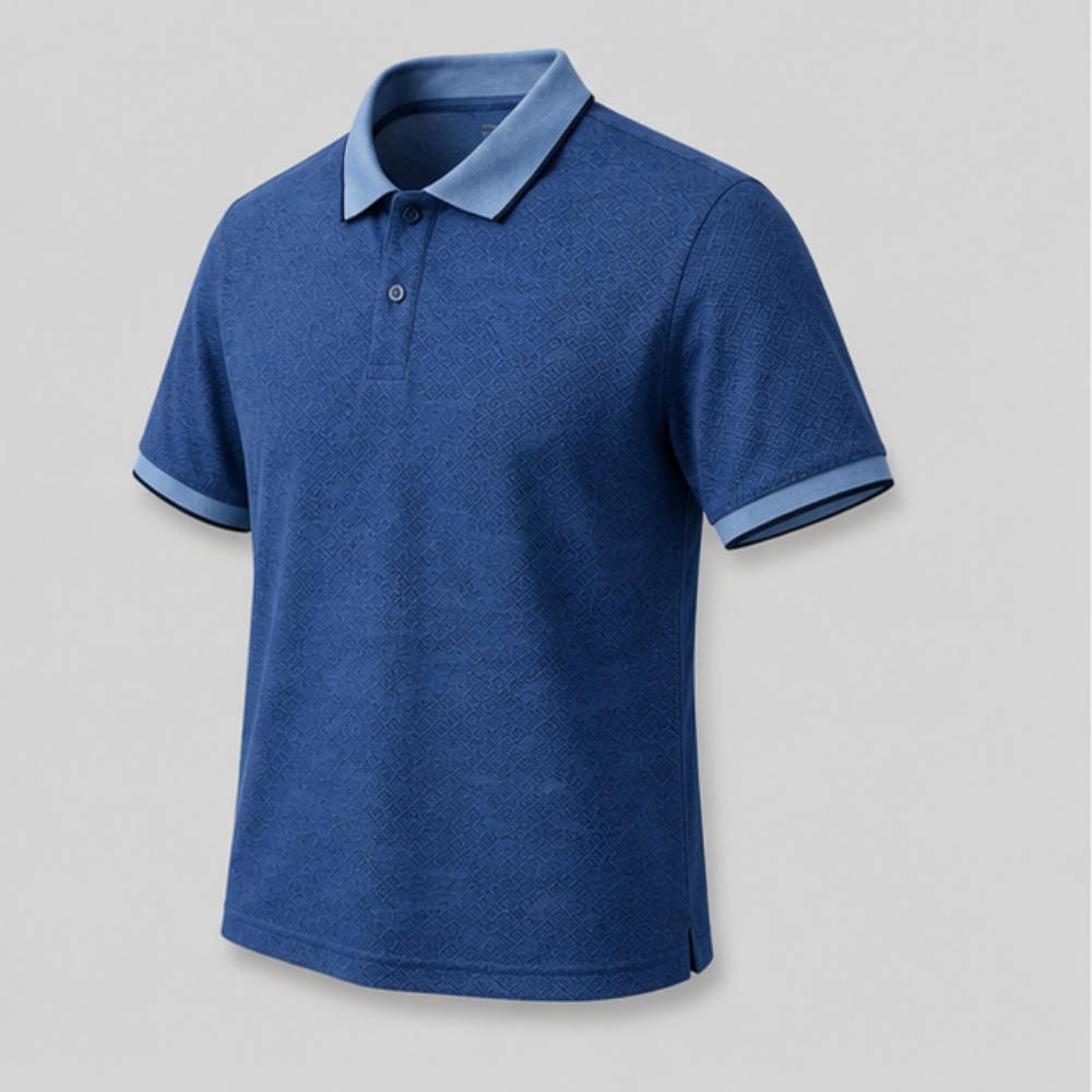Men's Premium Blue Textured Polo T-Shirt | Cotton Blend Regular Fit Half Sleeve Collared Casual T-Shirt