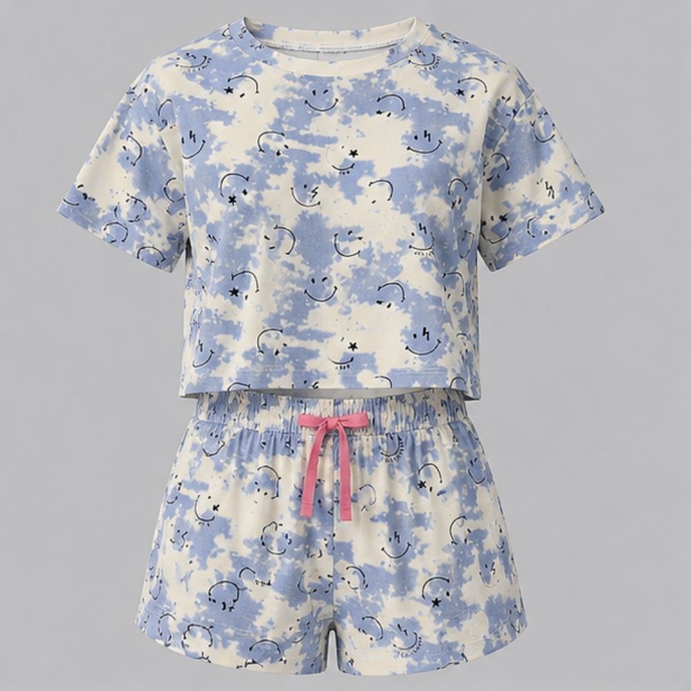 Women's Blue & White Printed Crop Top and Shorts Co-Ord Set | Soft Cotton Night Suit | Casual Lounge Wear | 2 Piece Sleepwear Set