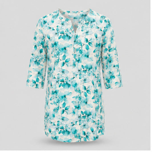 Men's Premium Cotton Blend Floral Printed Casual Short Kurta | White & Aqua Blue Print | 3/4 Sleeve Regular Fit Ethnic Kurta