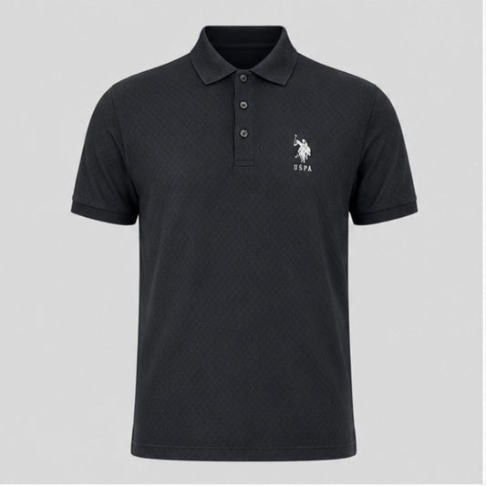 Men's Premium Black Textured Polo T-Shirt | Half Sleeve Collared Cotton Blend Casual Polo Tee | Regular Fit Stylish Men's T-Shirt for Daily Wear, Office & Casual Outing
